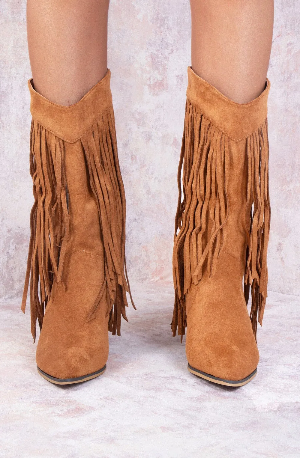 Camel Mid Calf Length Western Faux Suede Fringe Cowboy Boot