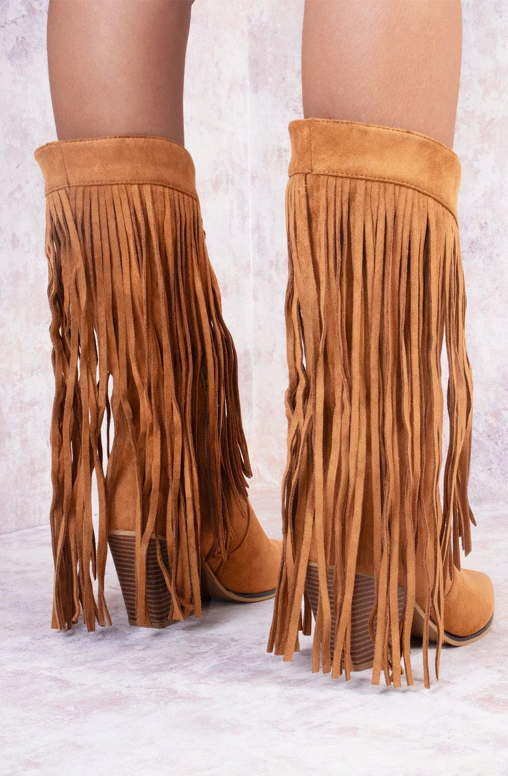 Camel Mid Calf Length Western Faux Suede Fringe Cowboy Boot