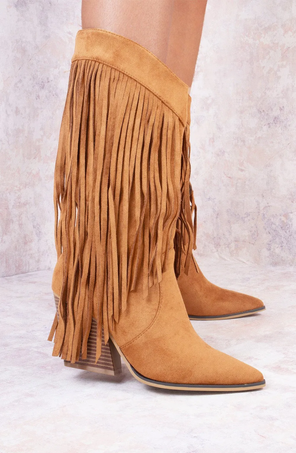 Camel Mid Calf Length Western Faux Suede Fringe Cowboy Boot