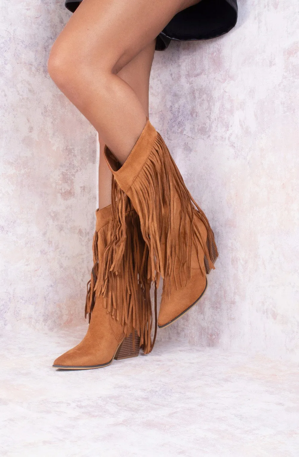 Camel Mid Calf Length Western Faux Suede Fringe Cowboy Boot