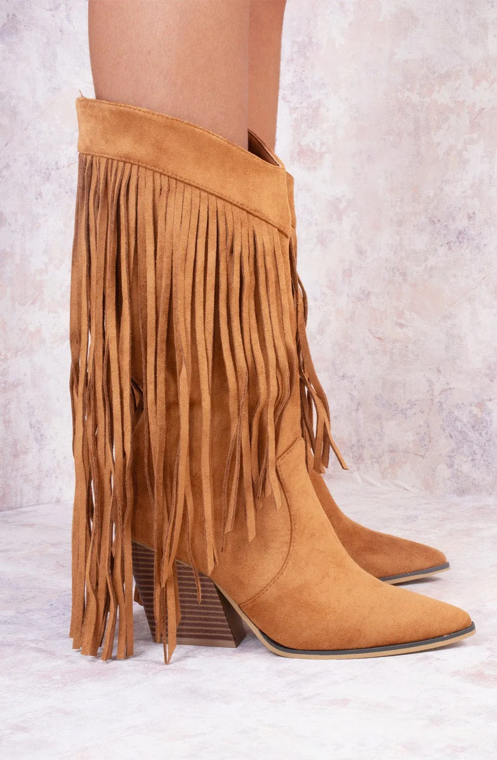 Camel Mid Calf Length Western Faux Suede Fringe Cowboy Boot