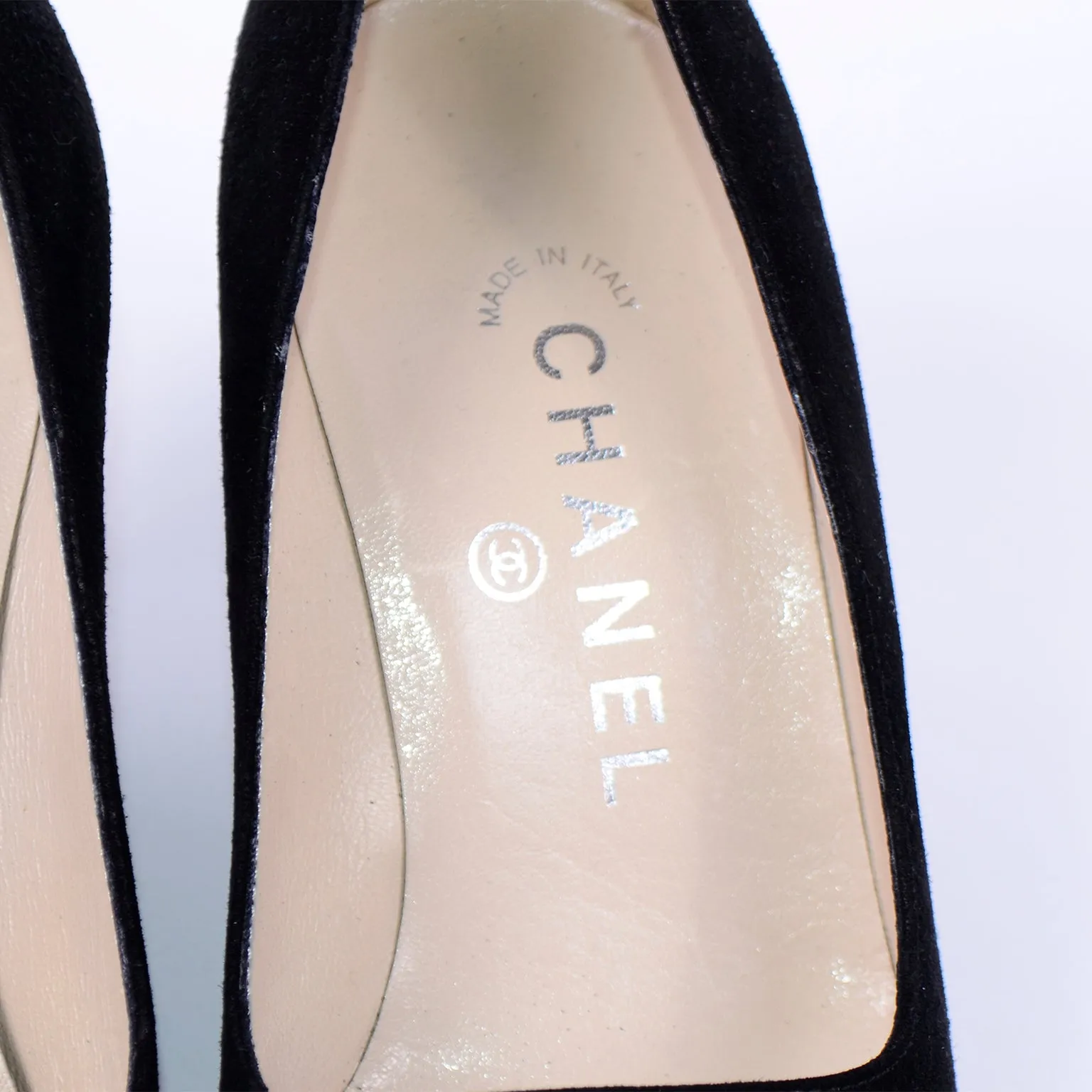 Chanel Black Suede Pumps With Cylindrical Block Heels & Silver Bands