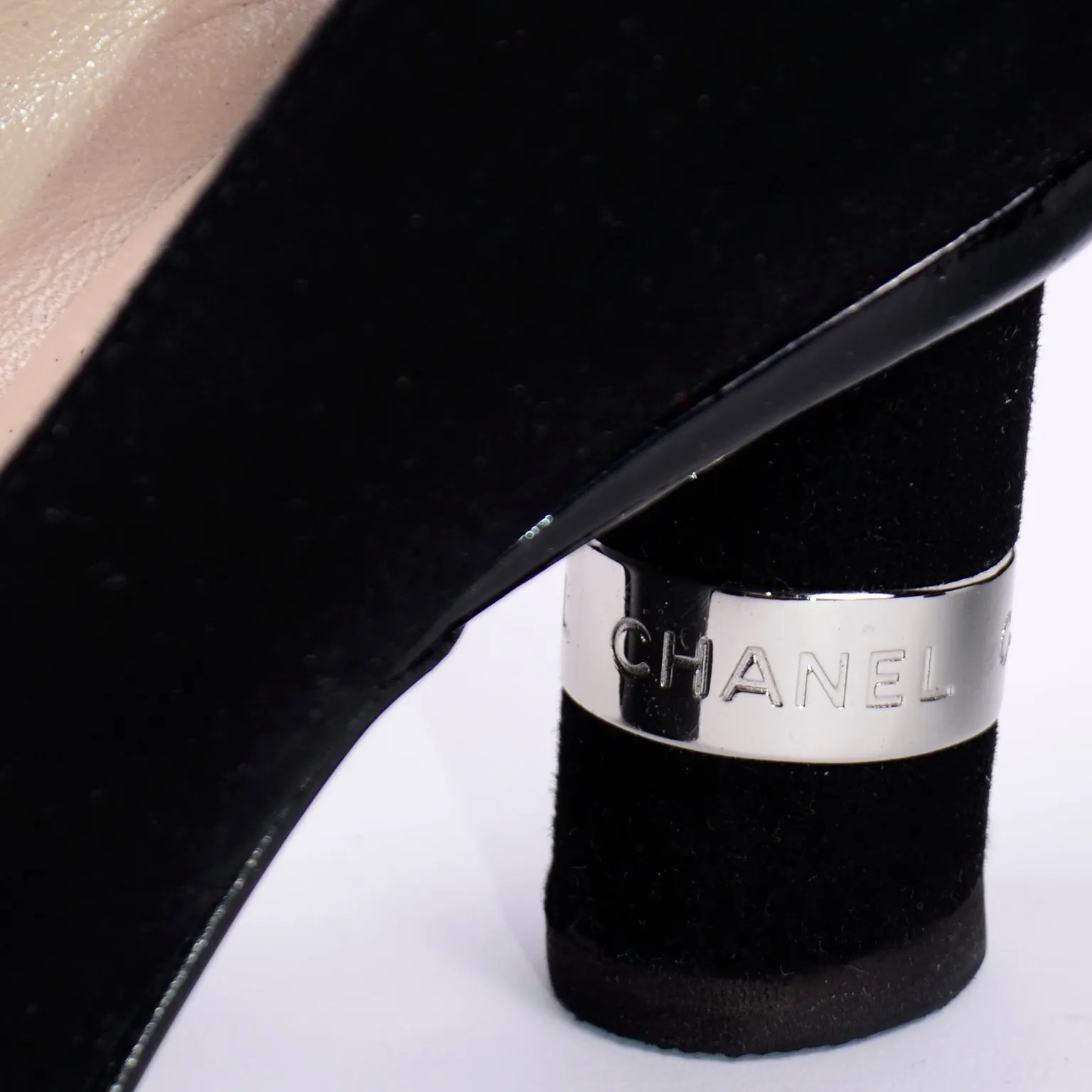 Chanel Black Suede Pumps With Cylindrical Block Heels & Silver Bands