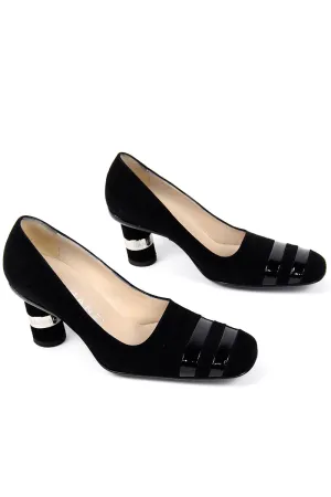 Chanel Black Suede Pumps With Cylindrical Block Heels & Silver Bands