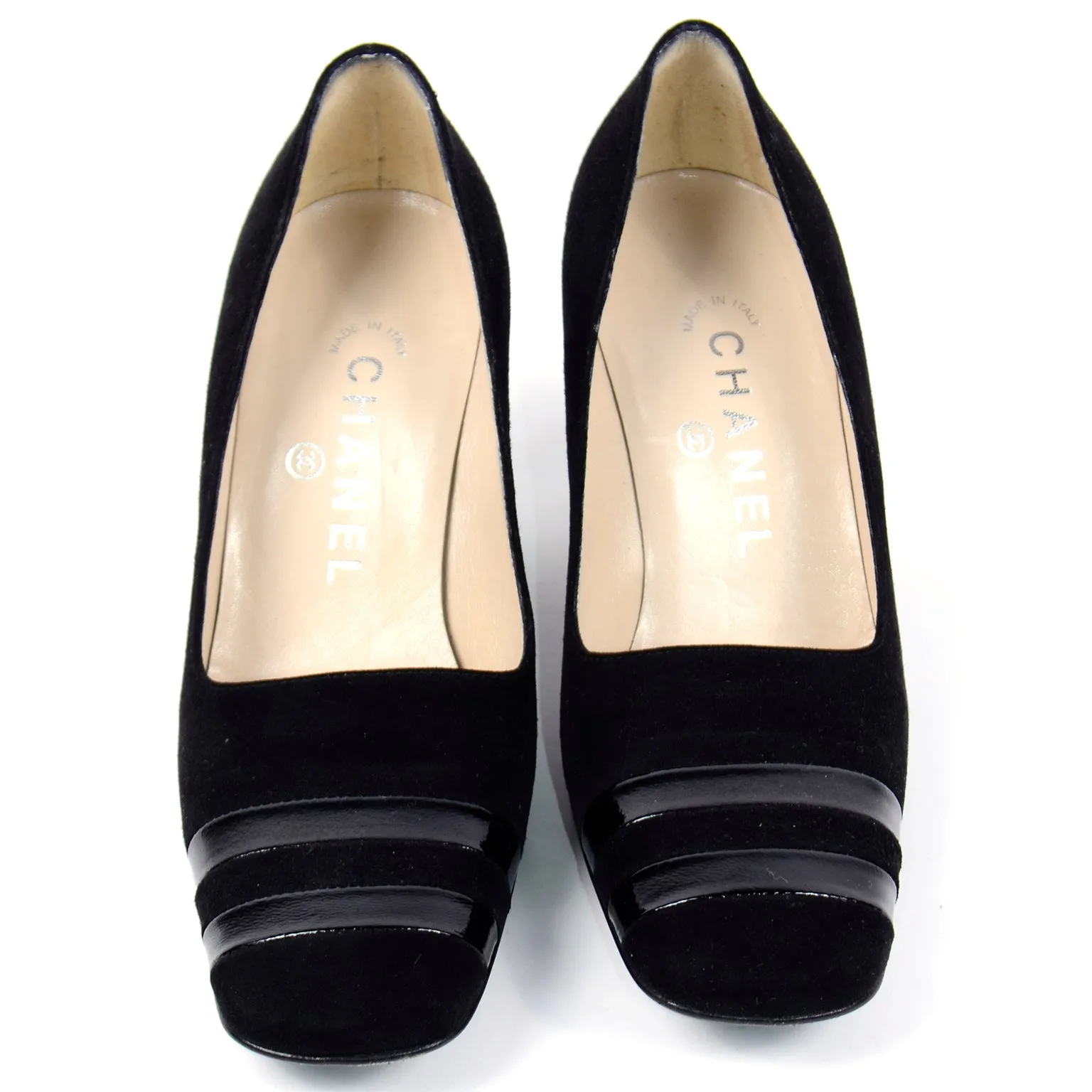 Chanel Black Suede Pumps With Cylindrical Block Heels & Silver Bands