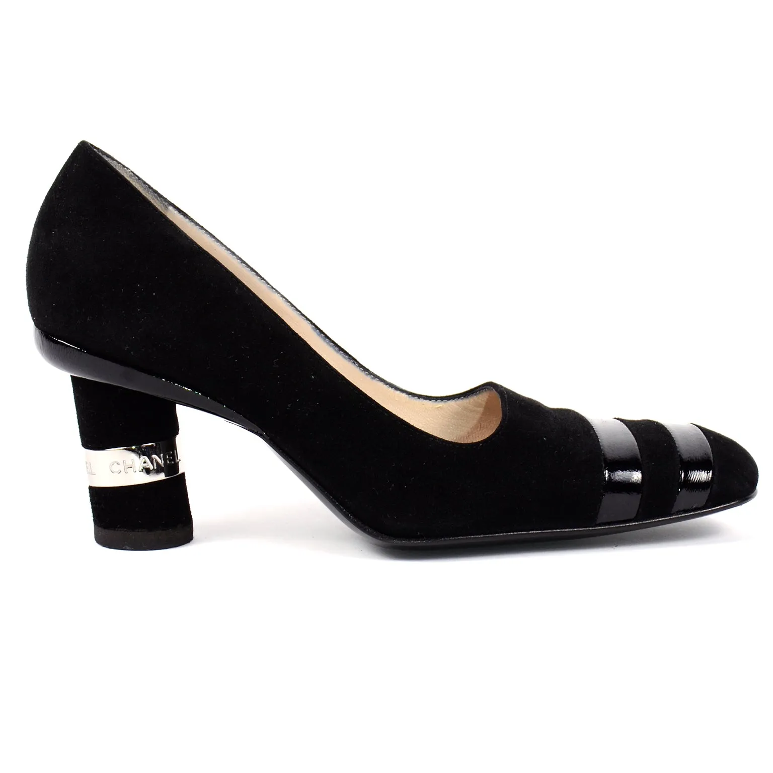 Chanel Black Suede Pumps With Cylindrical Block Heels & Silver Bands