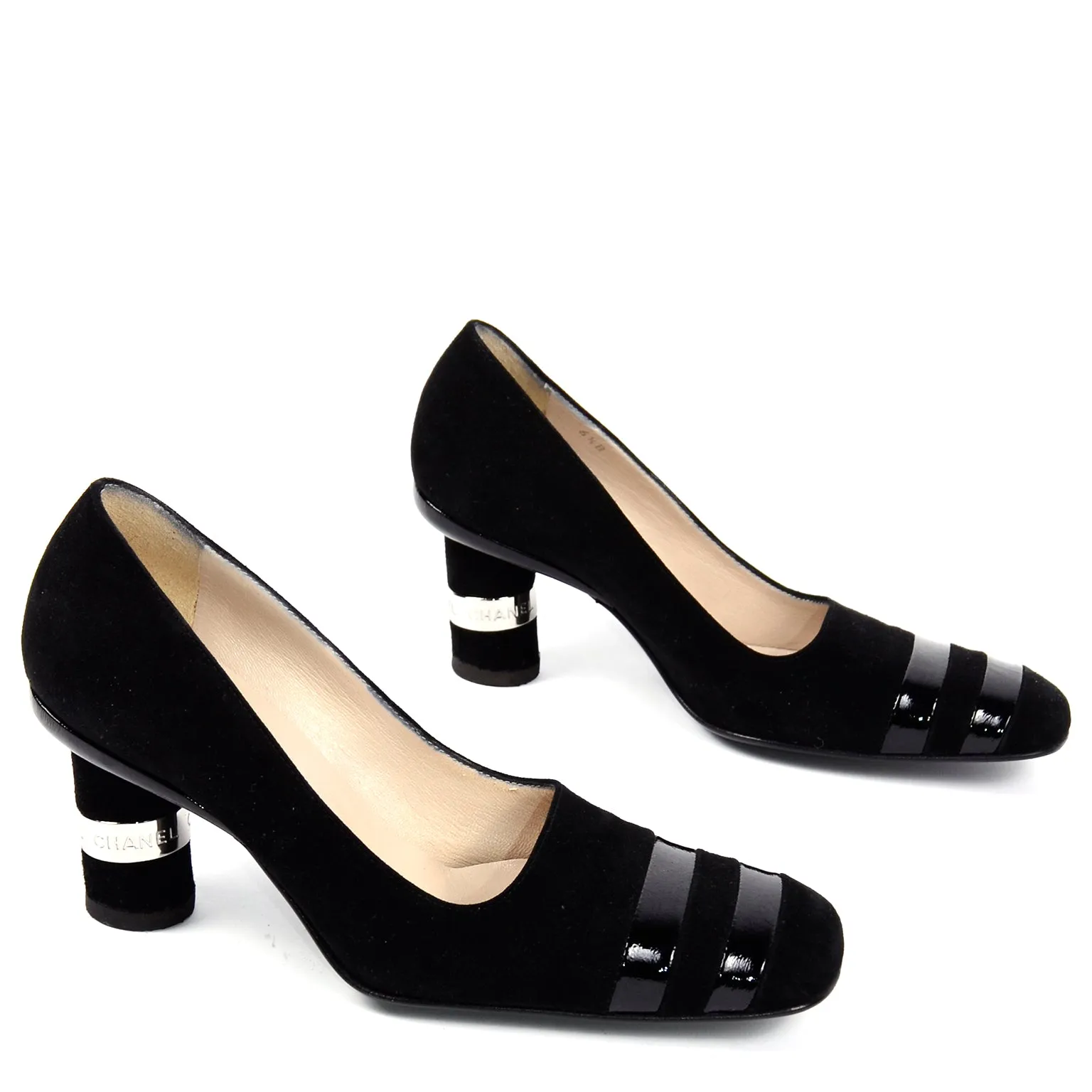 Chanel Black Suede Pumps With Cylindrical Block Heels & Silver Bands