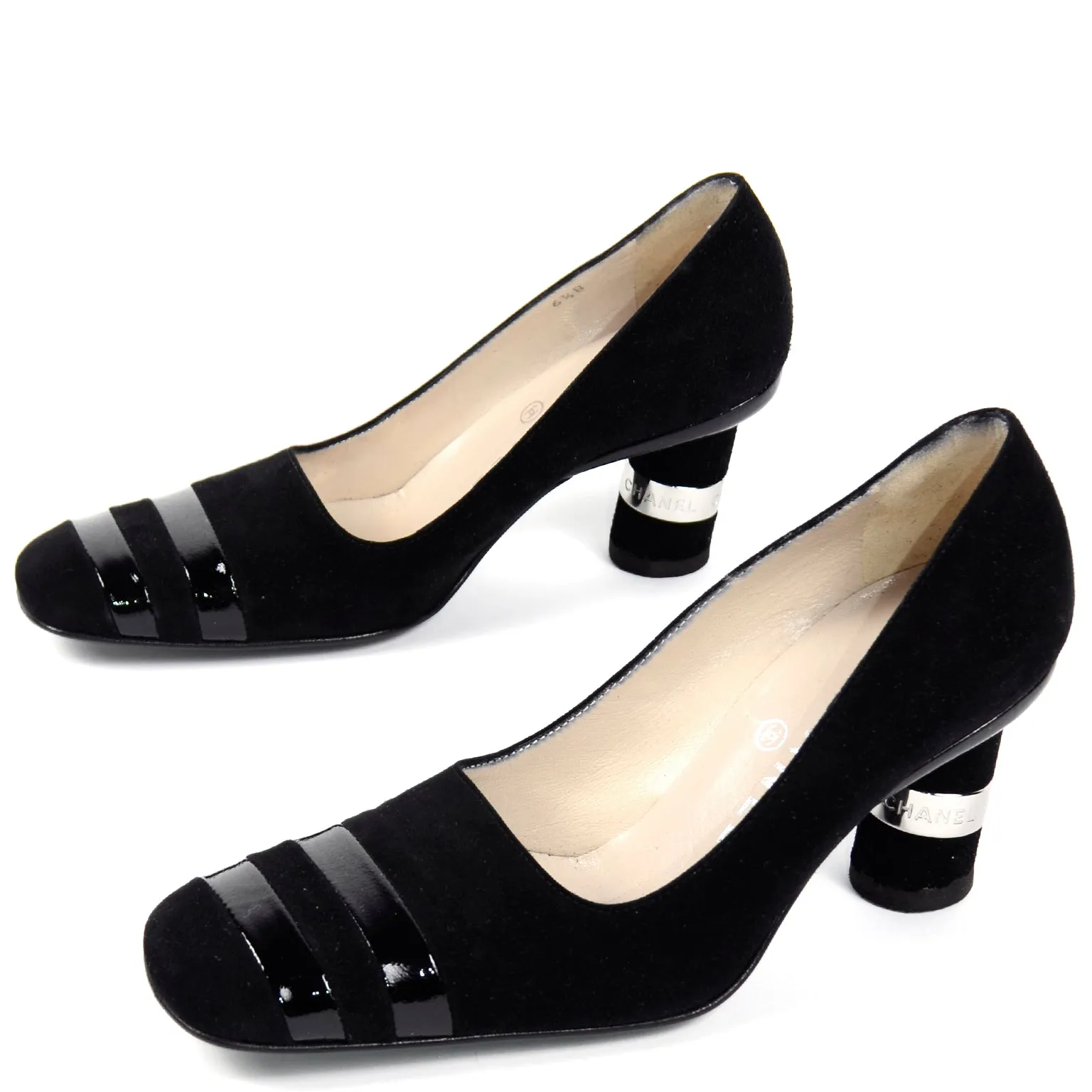 Chanel Black Suede Pumps With Cylindrical Block Heels & Silver Bands