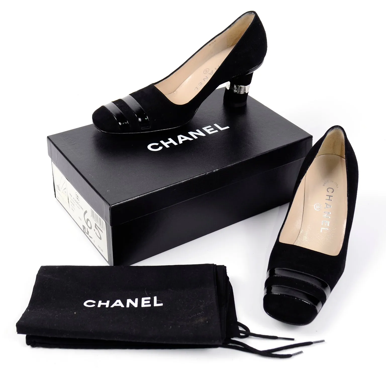 Chanel Black Suede Pumps With Cylindrical Block Heels & Silver Bands