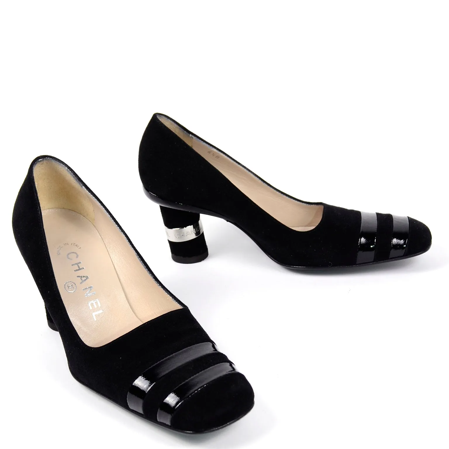 Chanel Black Suede Pumps With Cylindrical Block Heels & Silver Bands