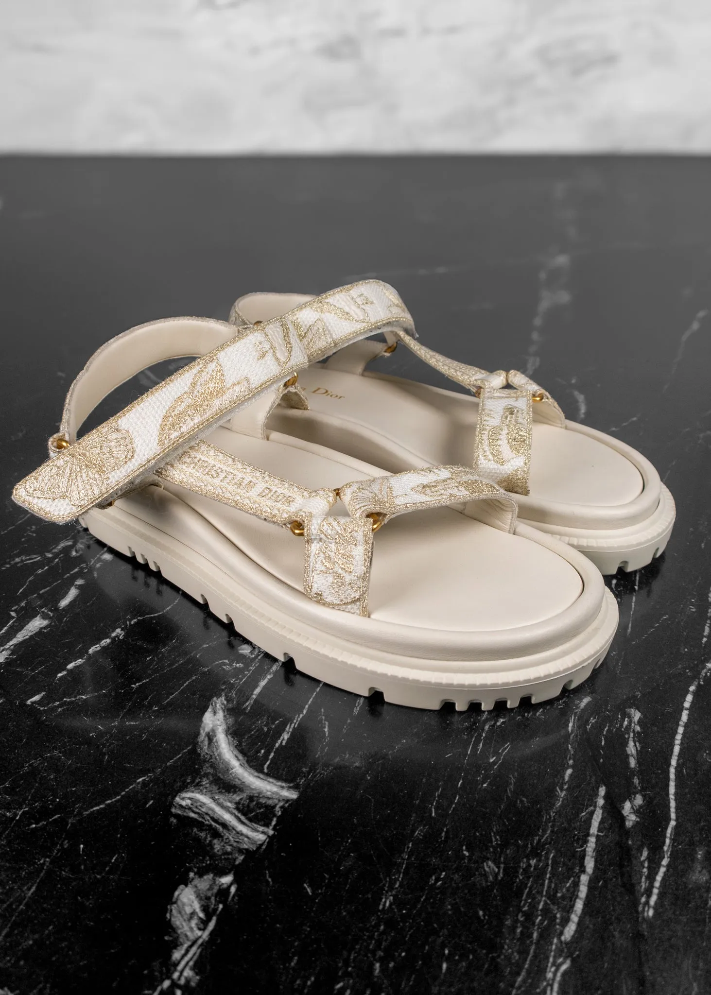 Christian Dior D-Wave White And Gold-tone Gradient Butterflies Embroidered Sandals