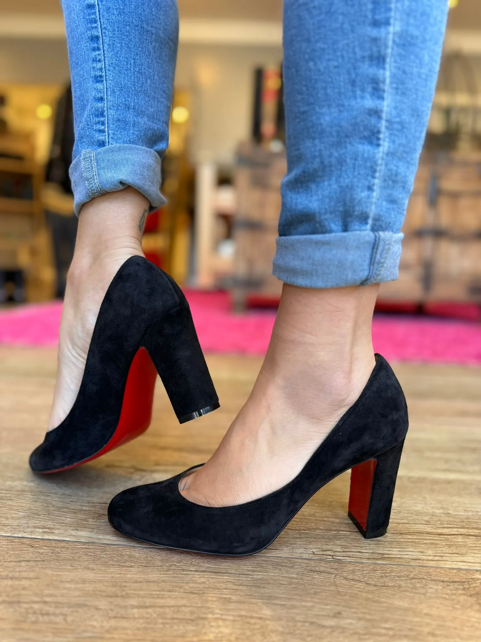 Christian Louboutin Suede Square Toe Block-Heel Pumps Size 7