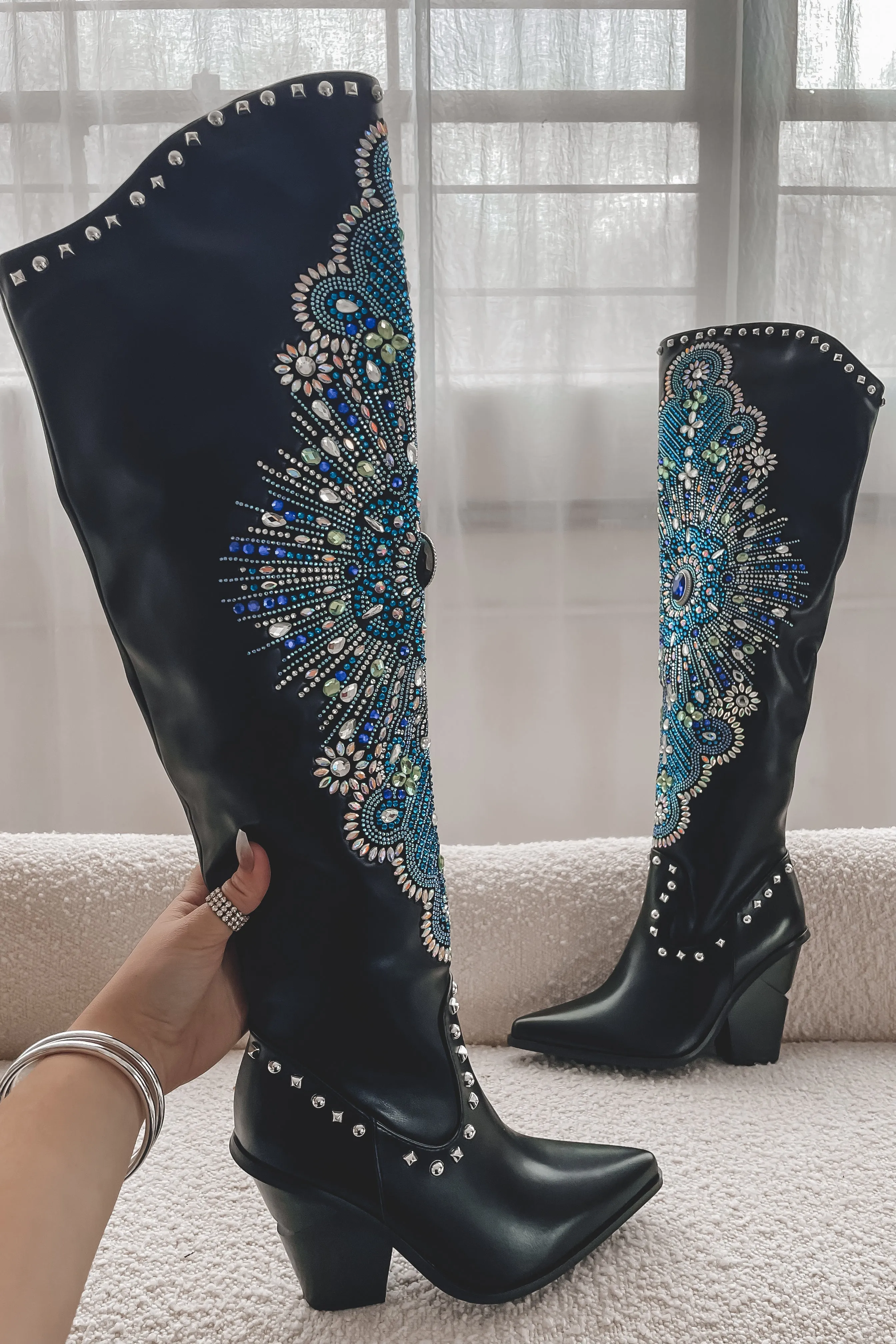 Colors That Shine Tall Jeweled Block Heel Western Boot