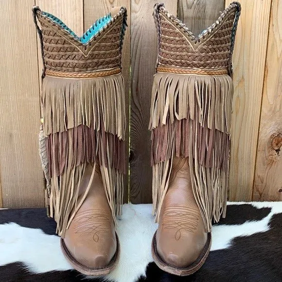 CORRAL Fringe Feather Studded Tall Brown Tan Cowgirl Cowboy Western Boots