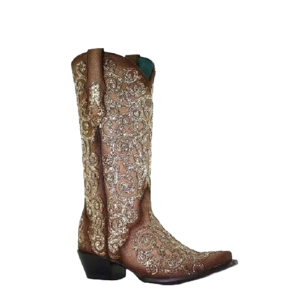 Corral Ladies Bone Lamb Glitter Overlay & Embroidery Boots C3763