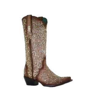 Corral Ladies Bone Lamb Glitter Overlay & Embroidery Boots C3763