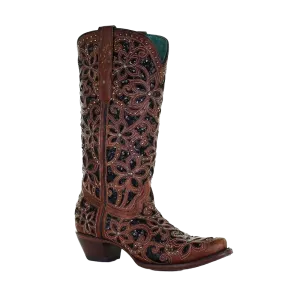 Corral Ladies Tan & Black Inlay, Embroidery & Stud Leather Boots A4083