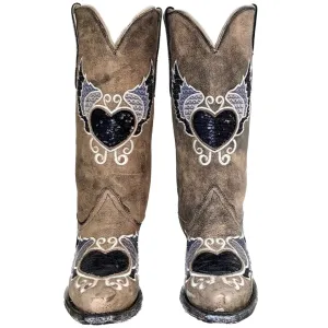 CORRAL Sequin Heart Wings Tall Mid-Calf Snip Toe Cowgirl Cowboy Boots