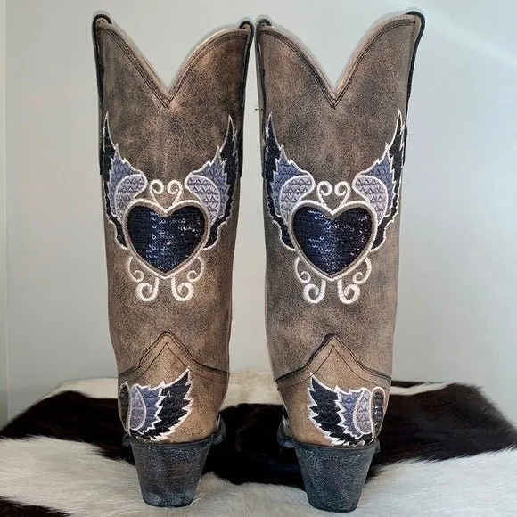 CORRAL Sequin Heart Wings Tall Mid-Calf Snip Toe Cowgirl Cowboy Boots