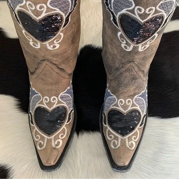 CORRAL Sequin Heart Wings Tall Mid-Calf Snip Toe Cowgirl Cowboy Boots