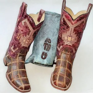 CORRAL Vintage Brown Red Leather Aztec Square Toe Cowgirl Cowboy Western Boots