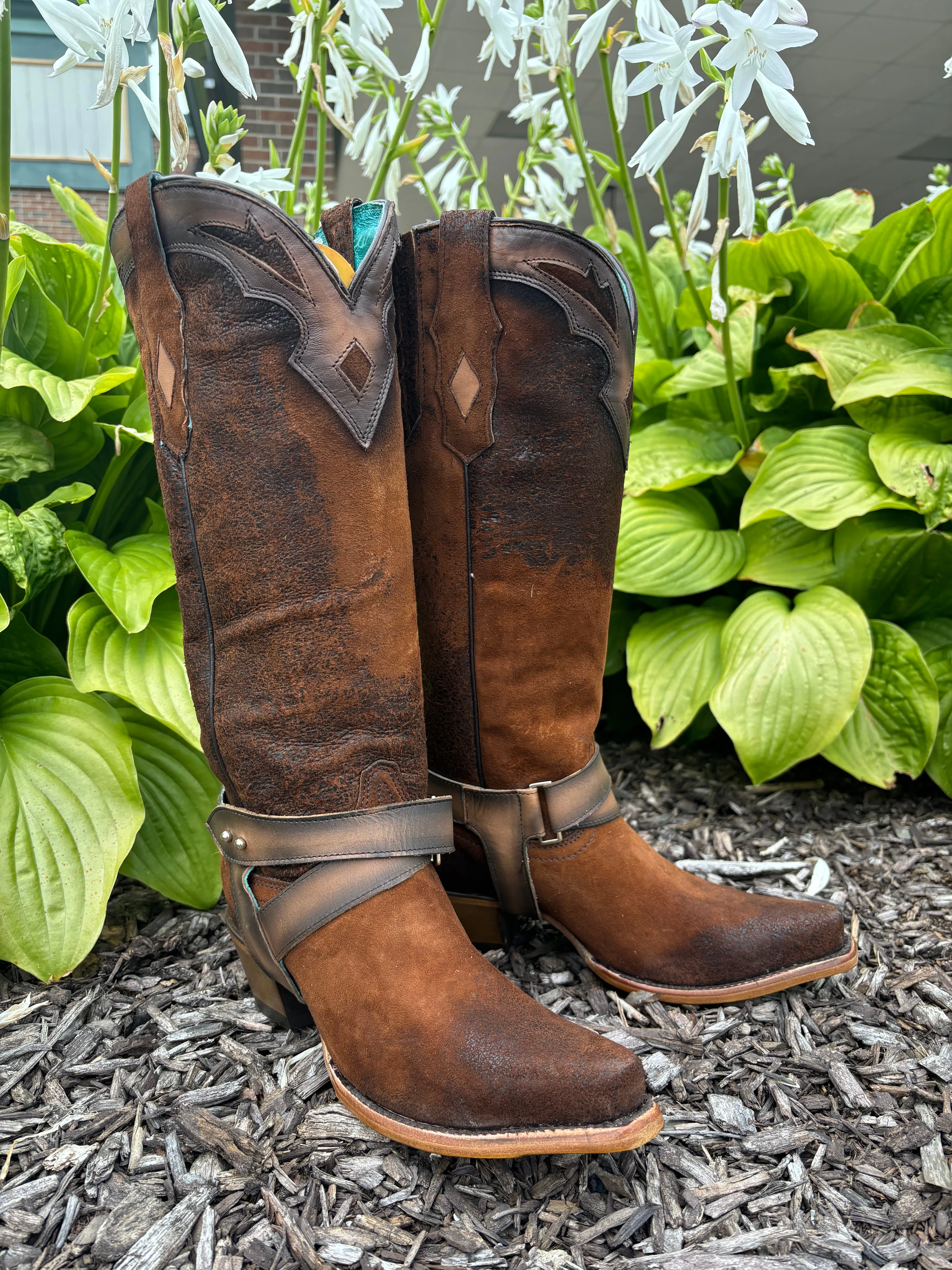 Corral Women's Dark Brown Lamb Embroidery Overlay & Harness Snip Toe Cowgirl Boots F1369