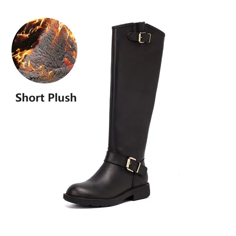 Crazy Horse Leather Knee High Boots Western Cowboy Boots Retro Riding Boots Short Plush Coffee /Black