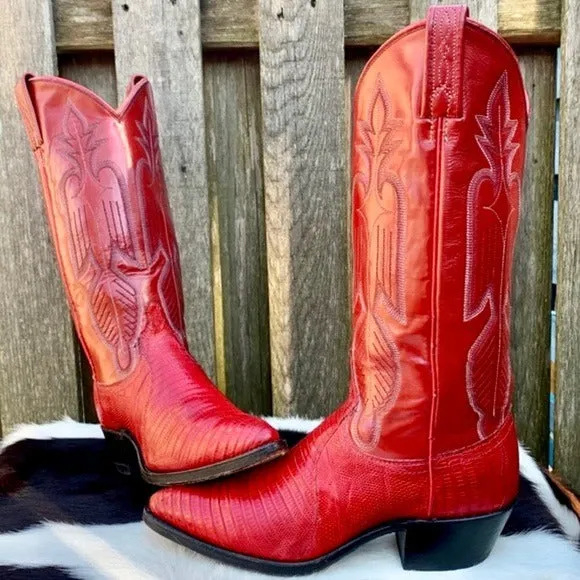 DAN POST Vintage Red Lizard Exotic Leather Cowgirl Cowboy Western Boots