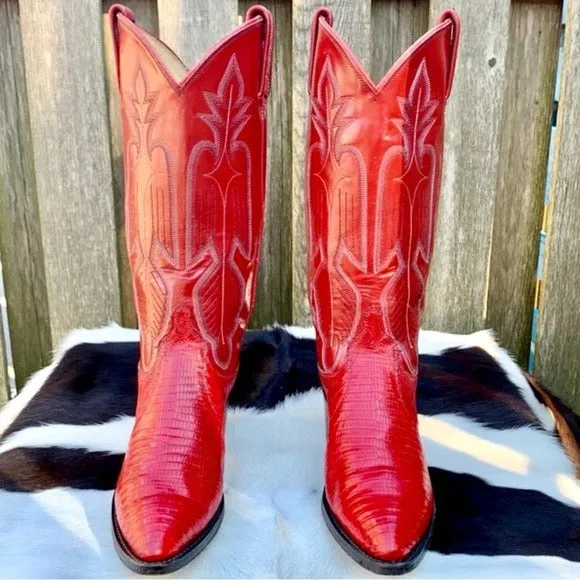 DAN POST Vintage Red Lizard Exotic Leather Cowgirl Cowboy Western Boots