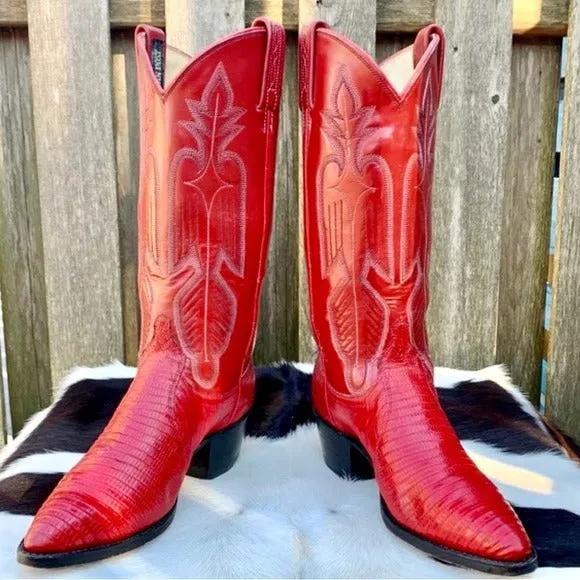 DAN POST Vintage Red Lizard Exotic Leather Cowgirl Cowboy Western Boots