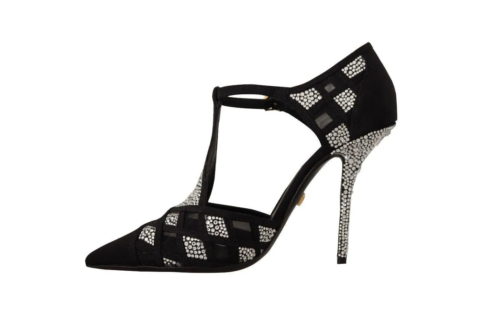 Dolce & Gabbana Black Crystals T-strap Heels Pumps Shoes