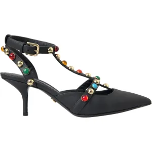 Dolce & Gabbana Black Leather Embellished Heels Sandal Shoes