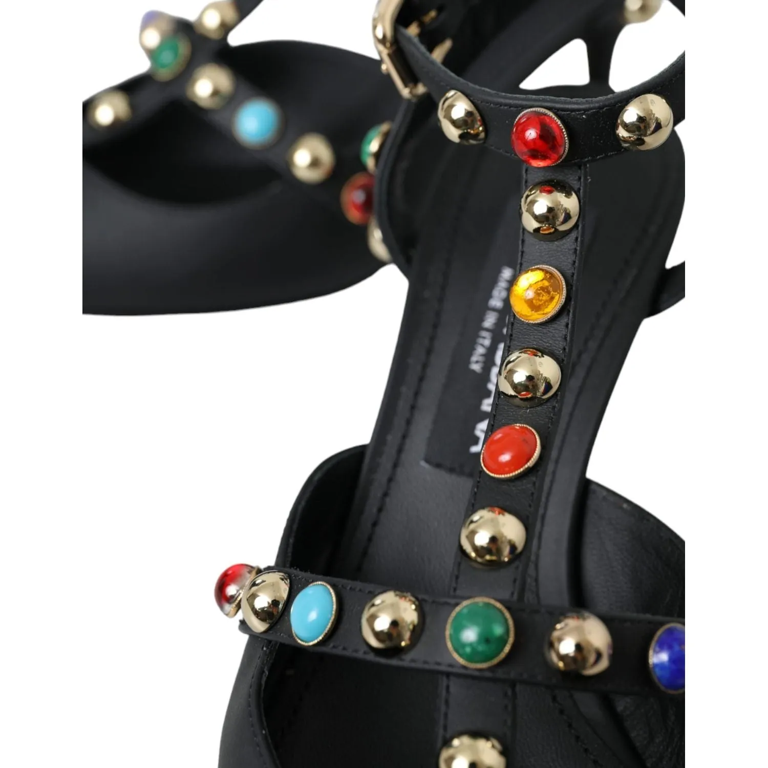 Dolce & Gabbana Black Leather Embellished Heels Sandal Shoes