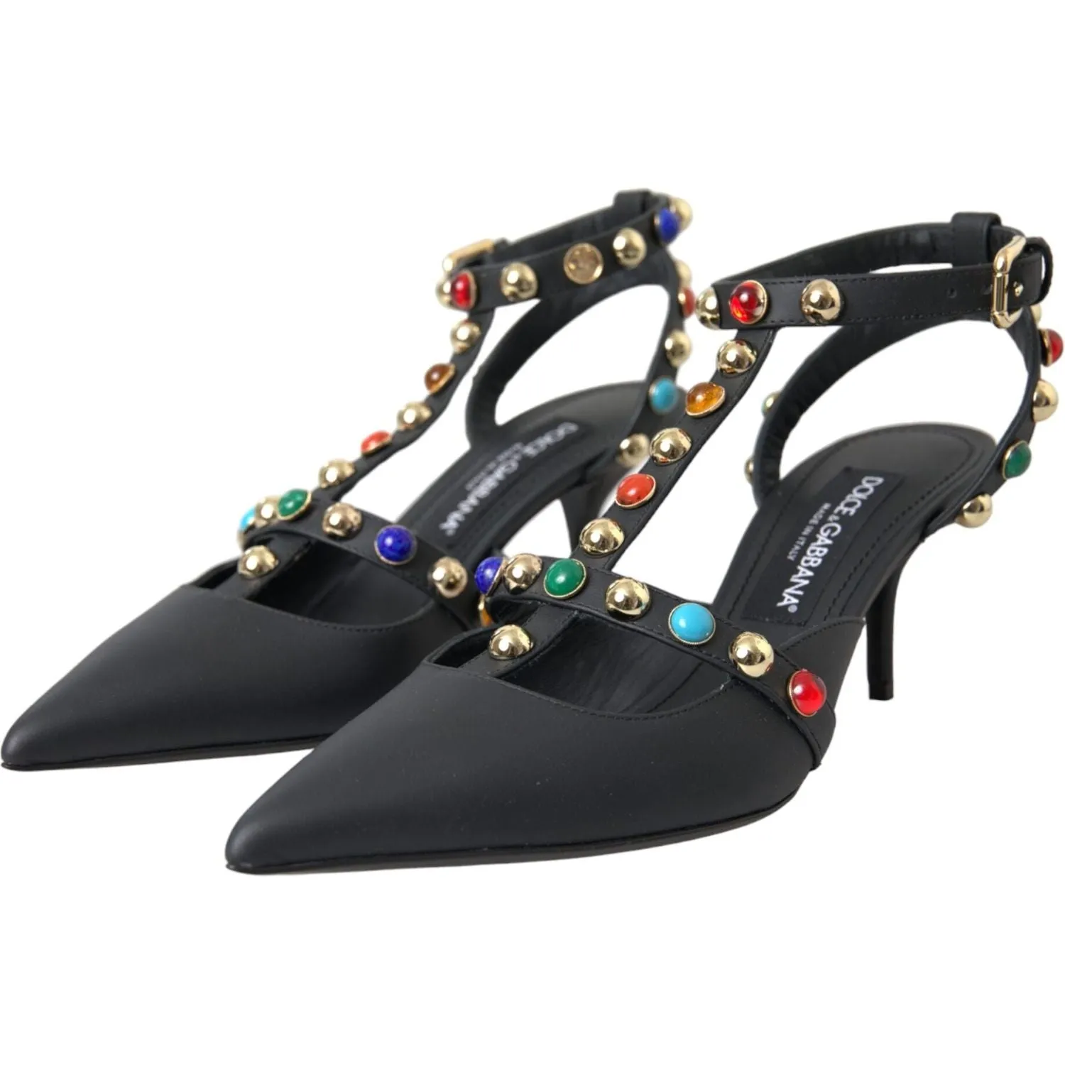 Dolce & Gabbana Black Leather Embellished Heels Sandal Shoes