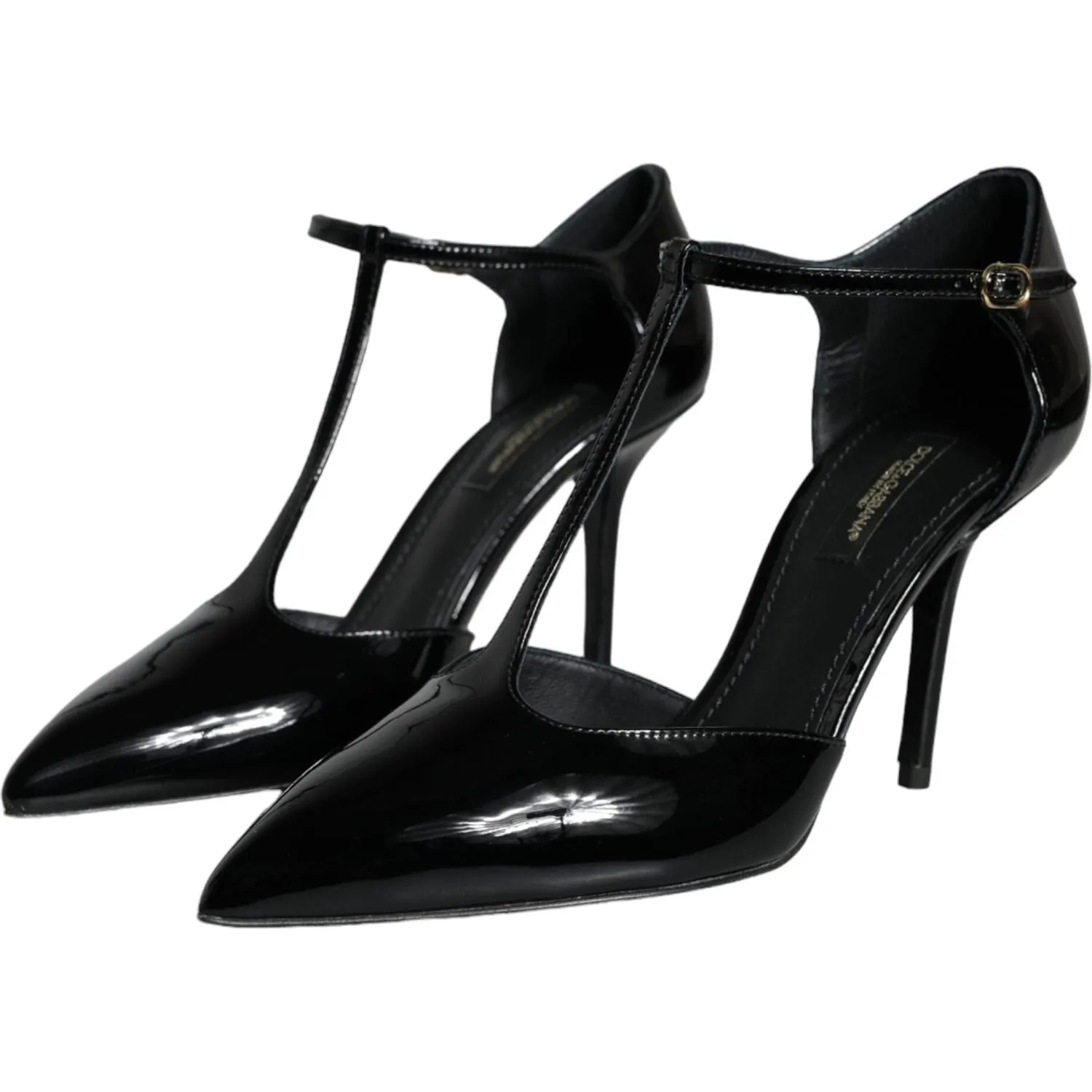 Dolce & Gabbana Black Leather T-strap Stiletto High Heels Shoes