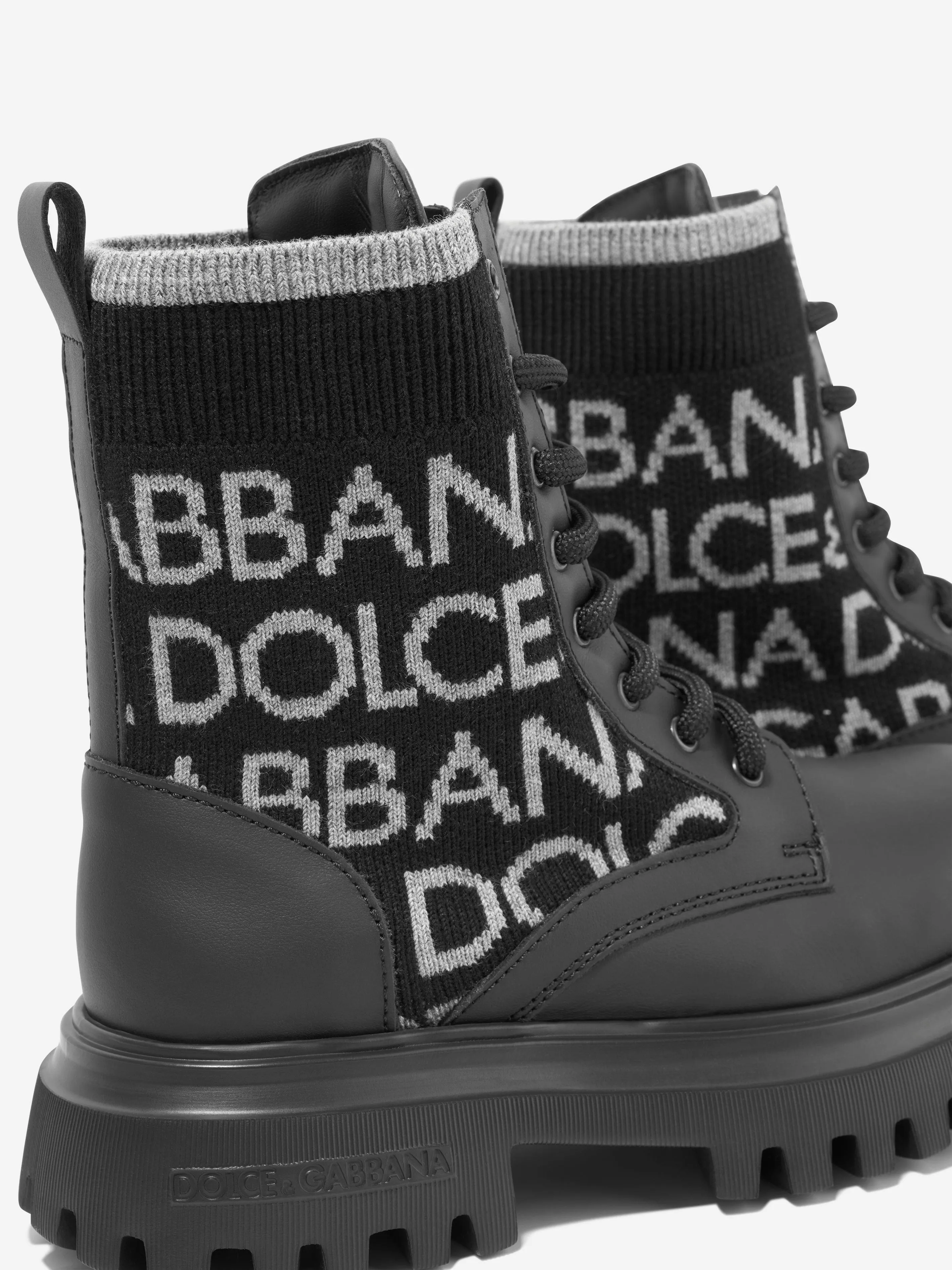 Dolce & Gabbana Boys Leather Logo Combat Boots in Black