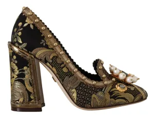 Dolce & Gabbana Gold Crystal Square Toe Brocade Pumps Shoes