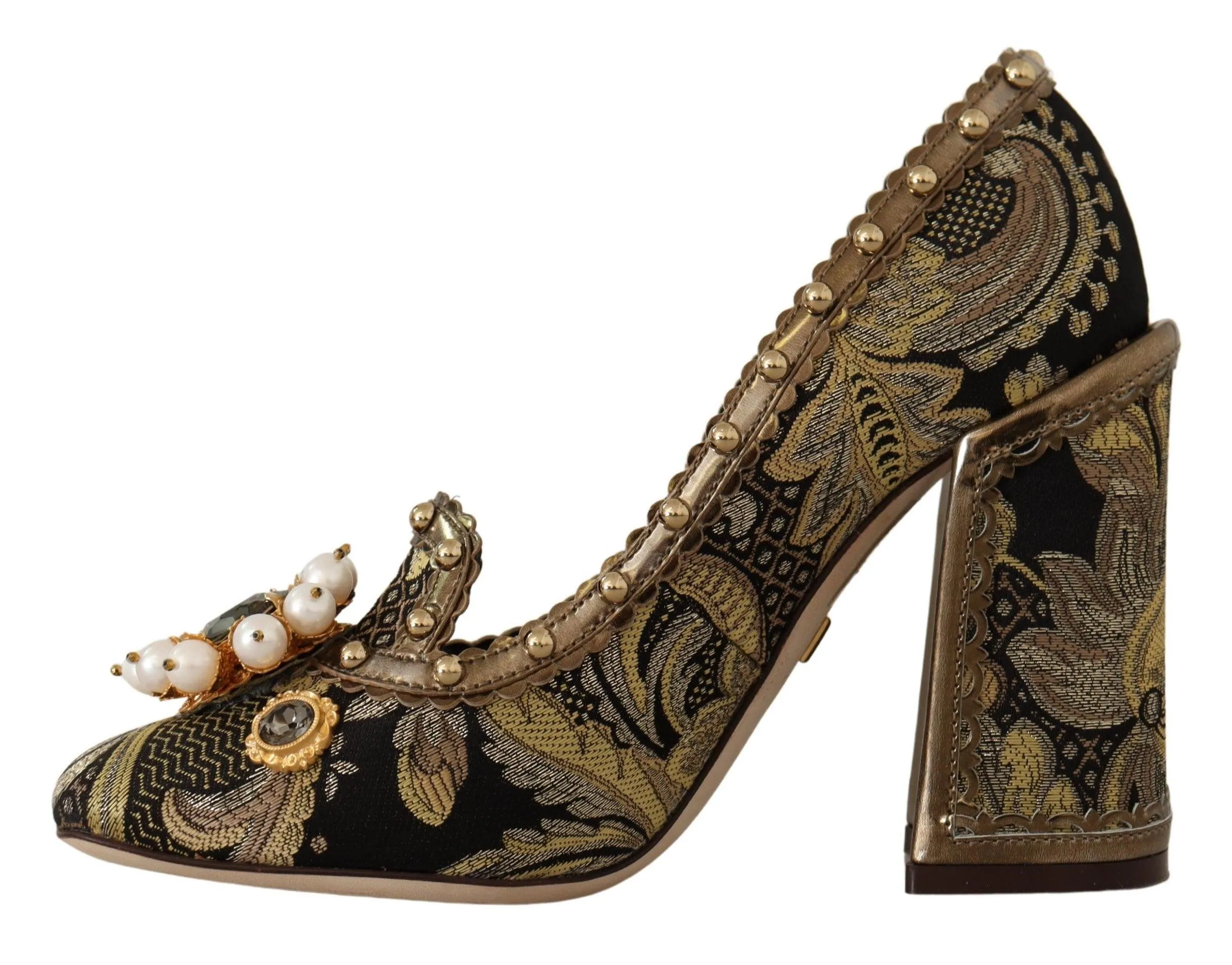 Dolce & Gabbana Gold Crystal Square Toe Brocade Pumps Shoes