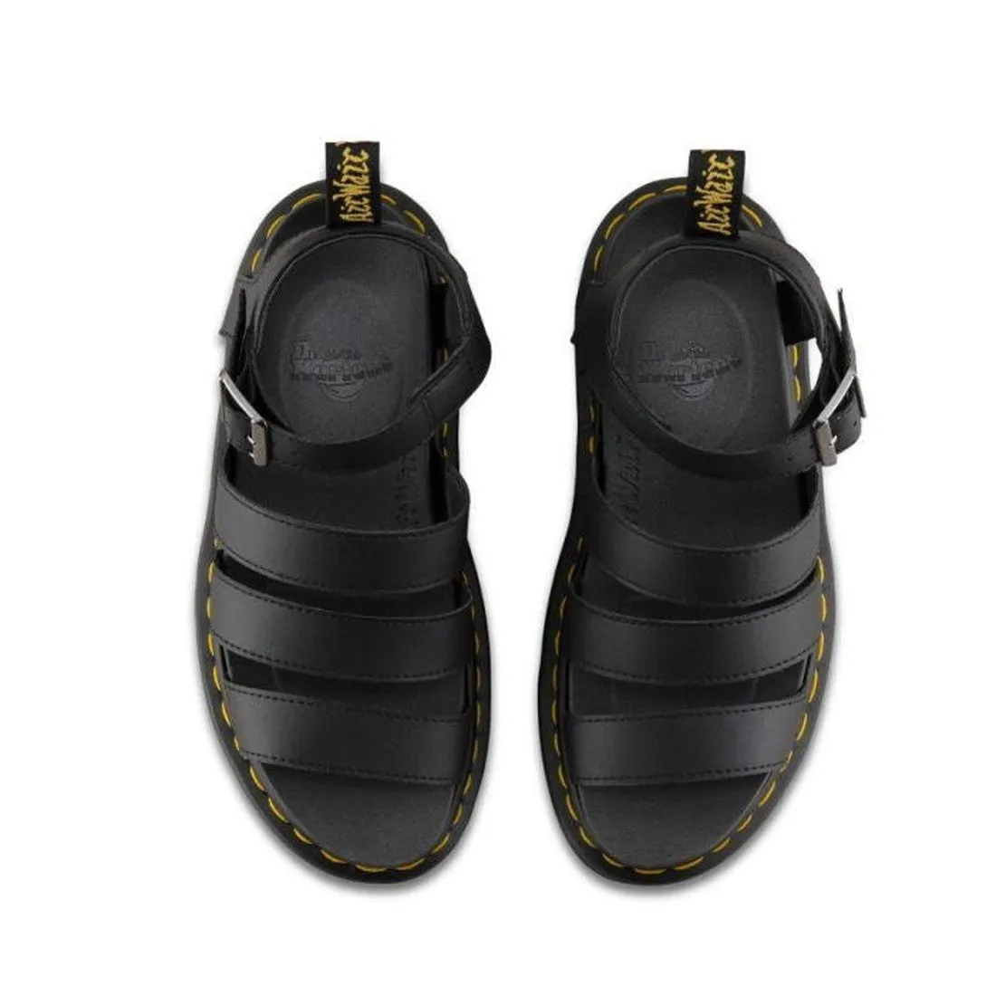 Dr Martens Blaire Sandals Hydro Black Leather Yellow Stitching 3 Strap