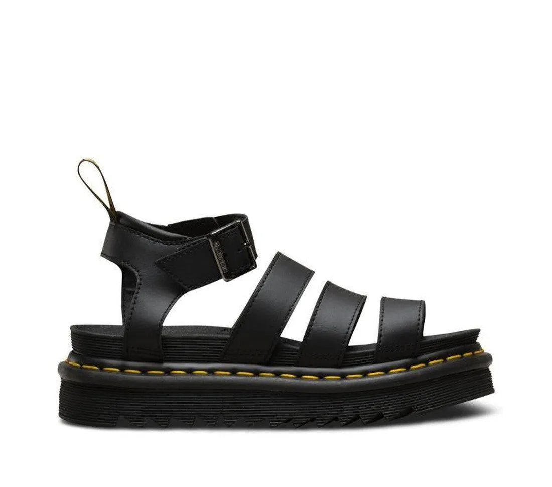 Dr Martens Blaire Sandals Hydro Black Leather Yellow Stitching 3 Strap