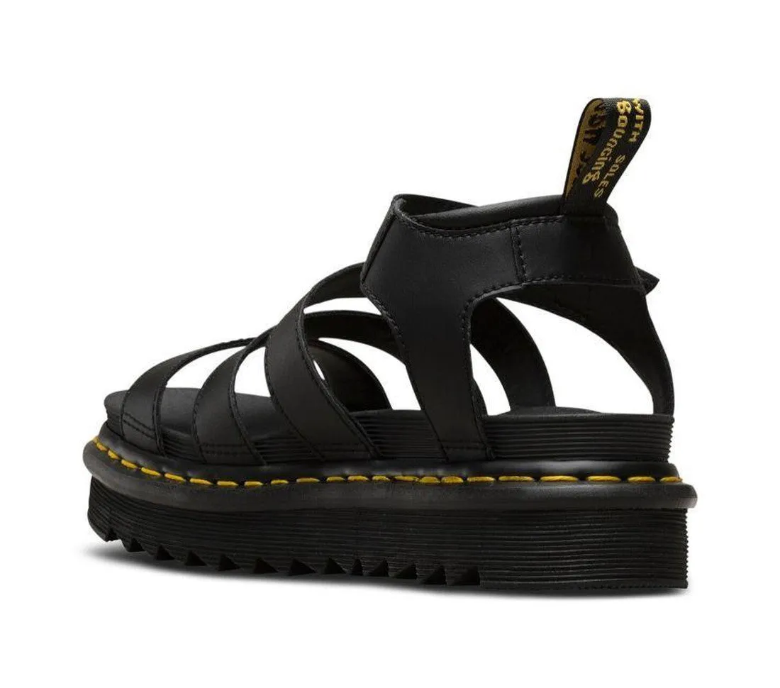 Dr Martens Blaire Sandals Hydro Black Leather Yellow Stitching 3 Strap