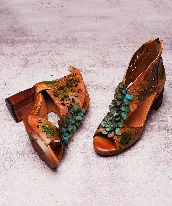 Ethnic Style Hollow Out Floral Chunky Heel Fish Mouth Sandals CZ1043