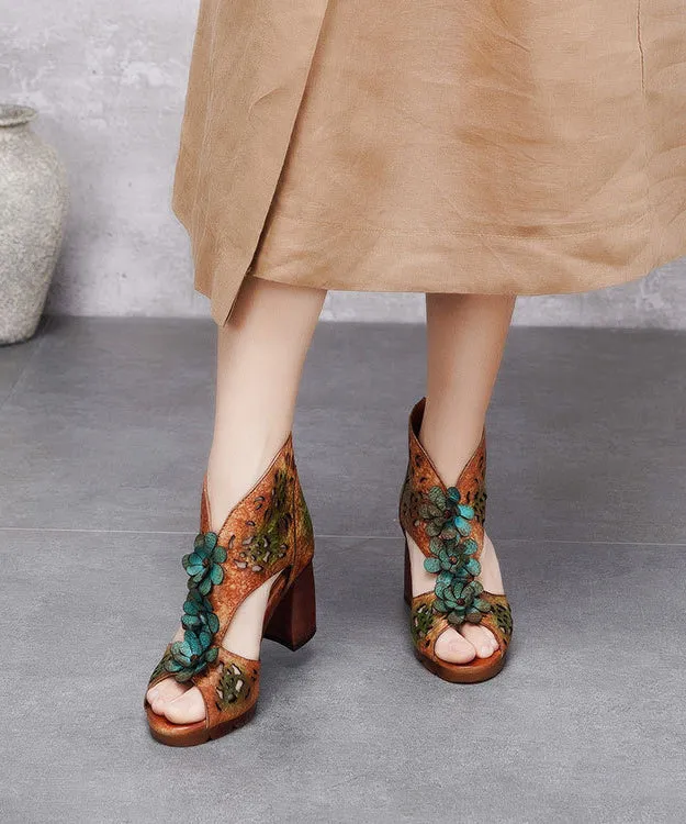 Ethnic Style Hollow Out Floral Chunky Heel Fish Mouth Sandals CZ1043