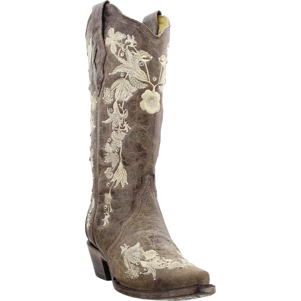 Floral Rhinestone Embroidery Snip Toe Cowboy Boots