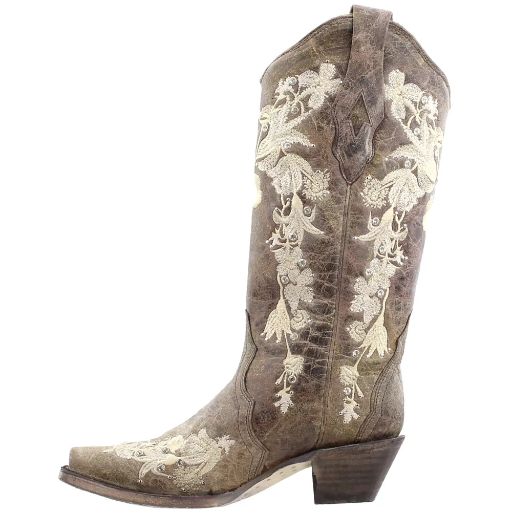 Floral Rhinestone Embroidery Snip Toe Cowboy Boots