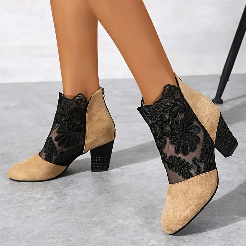 Flower Embroidery Lace Chunky Heeled Zip Back Ankle Boot Women's High Heel Pumps