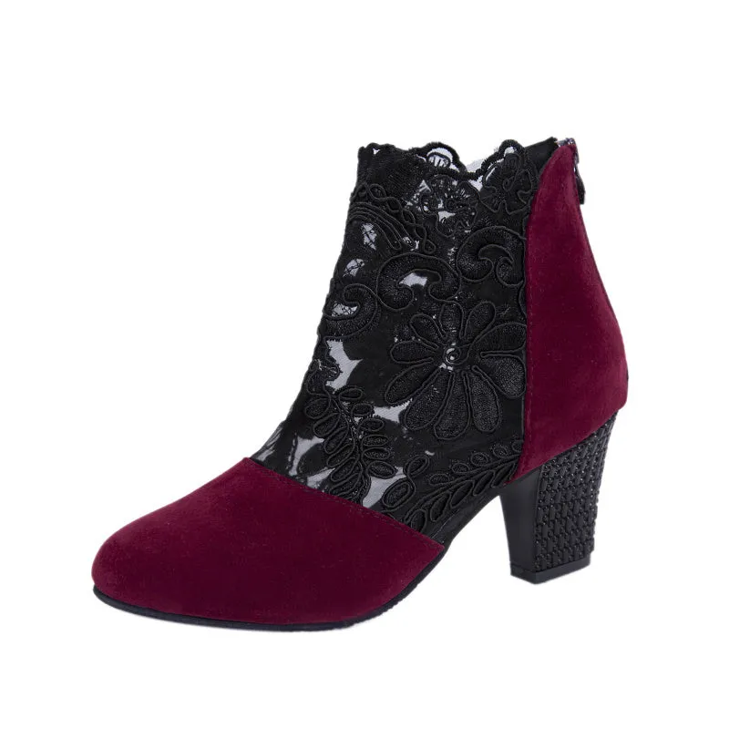 Flower Embroidery Lace Chunky Heeled Zip Back Ankle Boot Women's High Heel Pumps