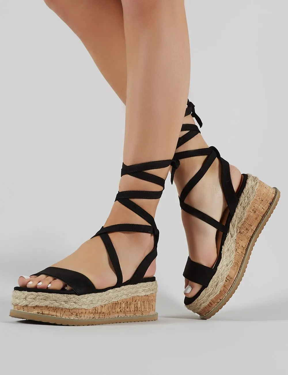 Fresca Lace up Gladiator Sandal in Black Faux Suede