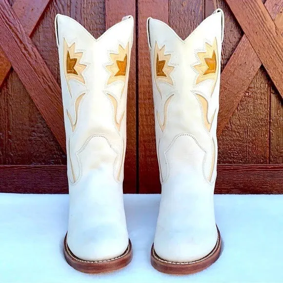 FRYE Vintage Sabrina Campus White Leather Floral Cowgirl Cowboy Western Boots