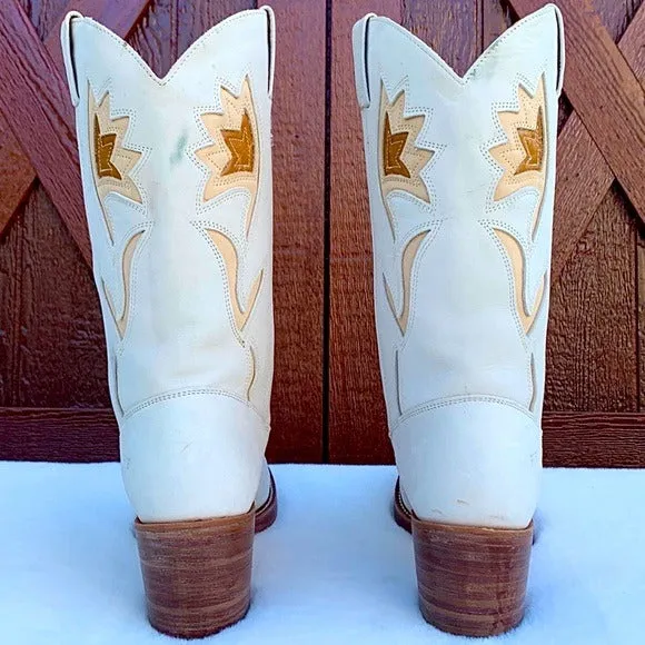 FRYE Vintage Sabrina Campus White Leather Floral Cowgirl Cowboy Western Boots